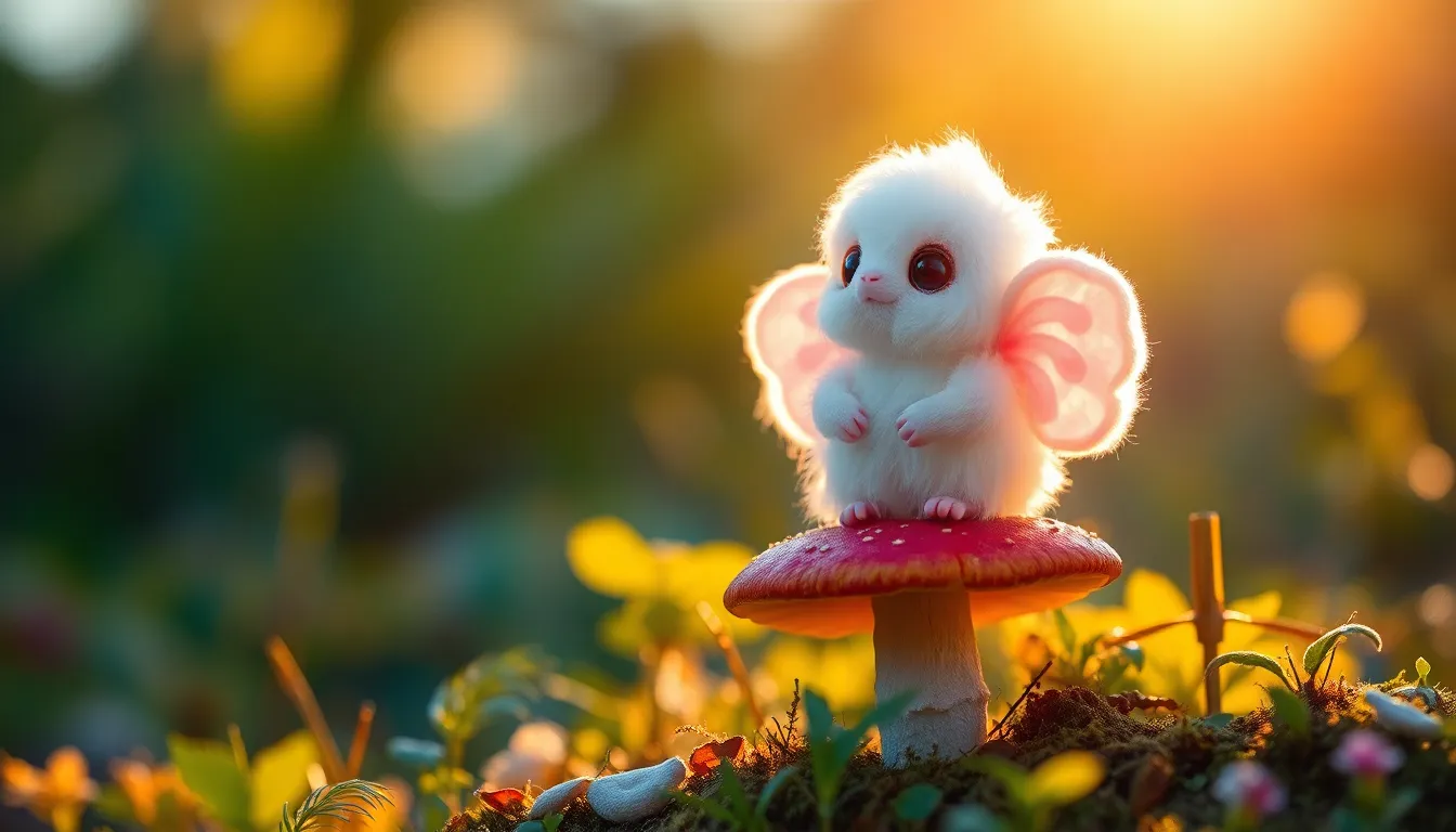 This enchanting image showcases a whimsical creature resembling a fluffy cloud, with adorable pastel-colored wings, gently resting on a vibrant mushroom. The golden hour light creates a magical atmosphere, highlighting the soft, delicate features of the creature. Surrounded by lush greenery, the scene evokes a sense of wonder and fantasy, perfect for storytelling. The colors are soft and gentle, enhancing the dreamy quality of the composition.