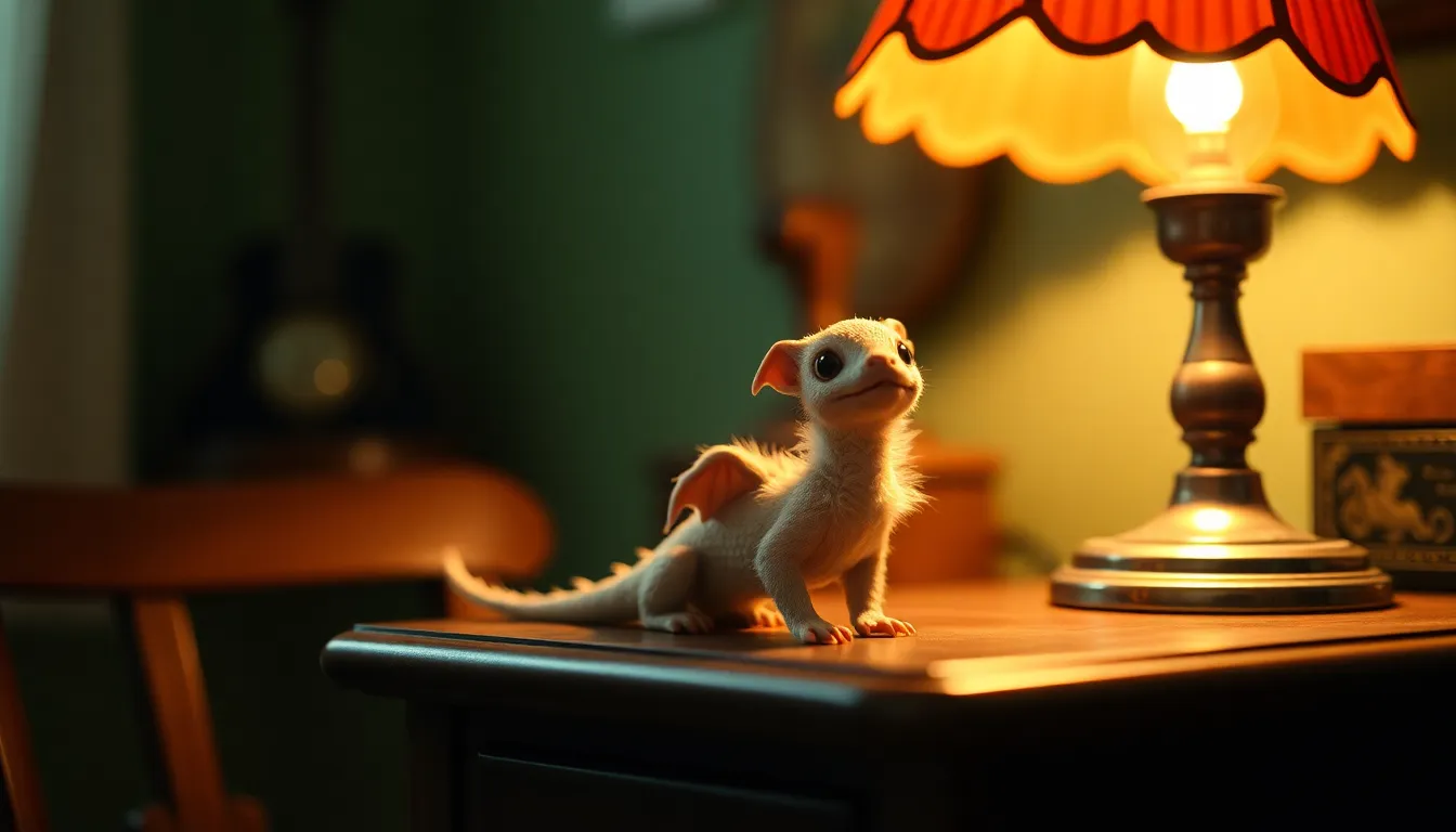 Magical Dragon Perched on Desk This enchanting scene features a whimsical dragon-like creature sitting on a rustic wooden desk, illuminated by the warm glow of a tungsten lamp. The dragon's fluffy scales shimmer with vibrant greens and browns, contrasting beautifully against the antique wood. The shallow depth of field beautifully isolates the creature, drawing attention to its expressive eyes and delicate features. The cozy atmosphere evokes a sense of wonder and magic, making it a perfect addition to any whimsical collection.