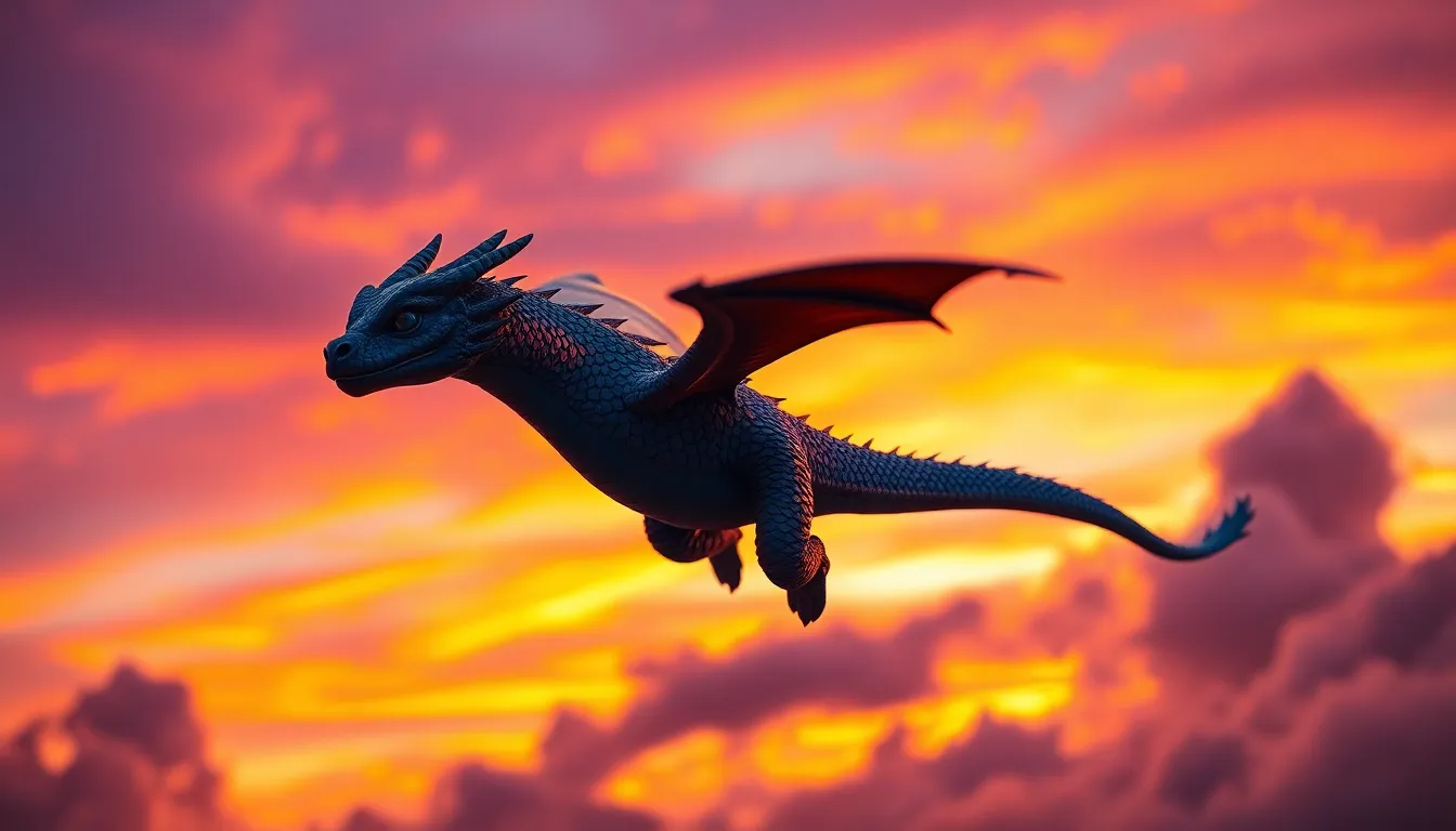 A whimsical dragon creature gracefully soars through a vibrant twilight sky, where swirling purples and oranges create a dramatic backdrop. The dragon's scales glint in the fading sunlight, showcasing stunning colors that match the sky. Captured with sharp focus throughout, the composition emphasizes the motion and majesty of the creature as it flies diagonally across the frame. This enchanting scene evokes a sense of adventure and fantasy.