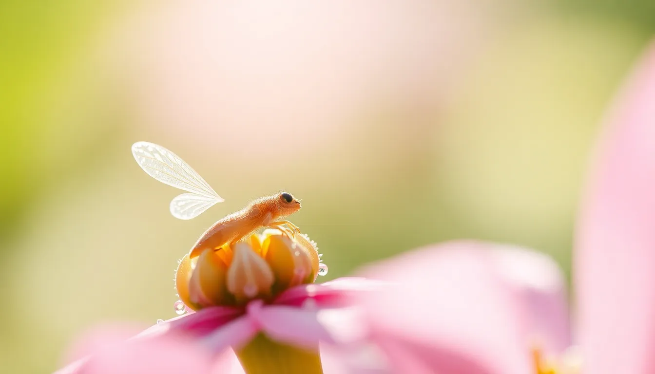 This exquisite image captures a tiny whimsical creature that resembles a delicate fairy, gracefully resting on a dew-kissed flower in a vibrant spring setting. The soft morning light bathes the scene in a dreamy glow, highlighting the intricate details of both the creature and the flower. The pastel colors evoke freshness and renewal, inviting viewers into a magical world. The composition skillfully emphasizes the beauty of nature, creating an enchanting atmosphere.