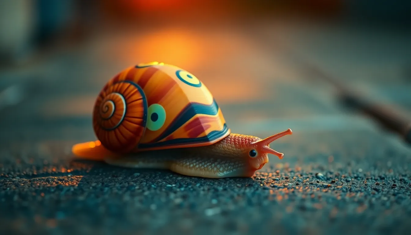 Colorful Whimsical Snail on Stone This captivating macro image features a whimsical oversized snail, beautifully adorned with bright, colorful patterns, resting gracefully on a smooth stone. The warm rim light creates a stunning contrast, bringing out intricate textures of both the snail's shell and the stone beneath it. Cinematic teal and orange color grading enhances the vibrancy of the scene, while the shallow depth of field adds a dreamlike quality. The centered symmetrical composition draws the viewer’s focus to this enchanting creature, inviting them into a world of whimsy.