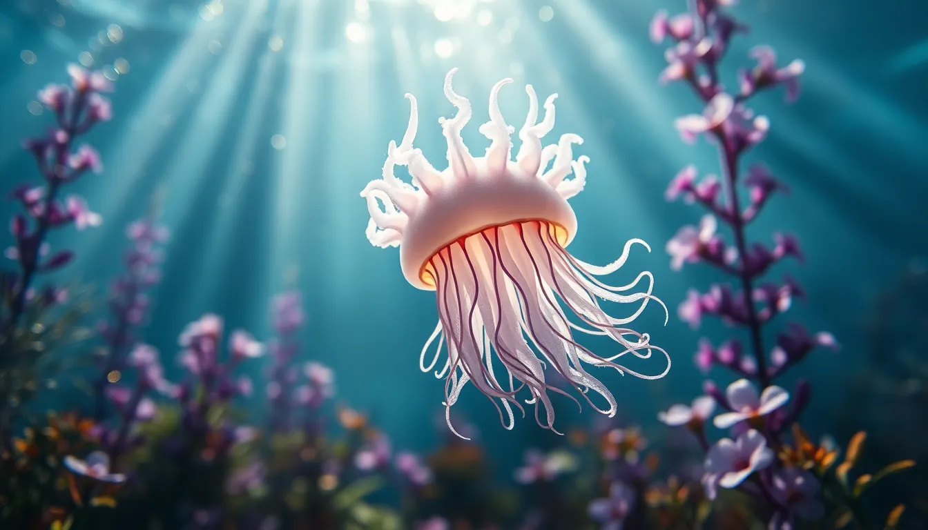 This mesmerizing image features a whimsical underwater jellyfish-like creature, adorned with luminescent tentacles, gracefully floating in a magical underwater garden. Sunlight filters through the water, creating a dappled light effect that enhances the enchanting atmosphere. The vibrant colors of deep blues and purples contrast beautifully with the soft whites of the creature, drawing the viewer into a serene aquatic world. The composition centers the jellyfish, framed perfectly by its stunning surroundings.