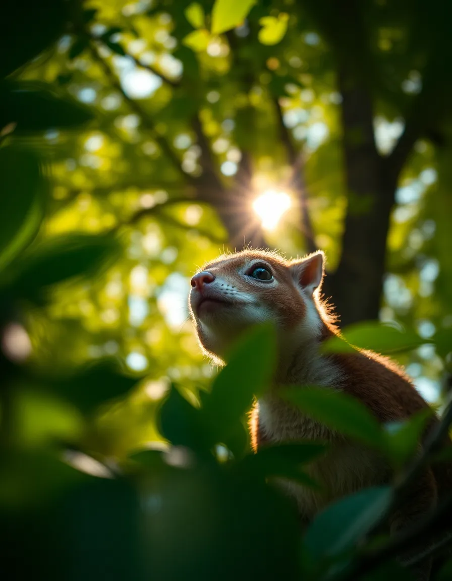 A charming whimsical creature emerges under a canopy of trees, bathed in dappled sunlight. The play of light and shadow creates a magical ambiance, with highlights reflecting off its delicate features. Soft bokeh blurs the background, emphasizing the vibrant greens and rich golden hues, while the composition draws the viewer's eye through the surrounding foliage.