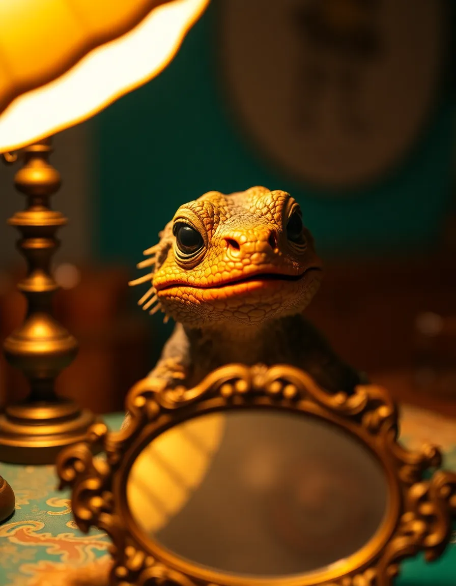 In an opulent antique room, a whimsical creature gazes curiously at its reflection in an ornate mirror. The warm light from a tungsten lamp casts dramatic shadows, emphasizing the intricate textures of the creature's fur and the rich details of the surroundings. The cinematic color grading adds to the enchanting atmosphere, immersing viewers in this captivating scene. The portrait composition draws attention to the creature, inviting intrigue.