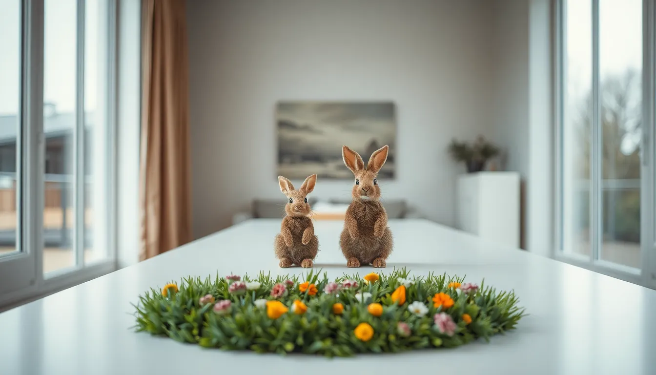 Playful Grass Rabbits on White Table In an elegantly designed setting, whimsical rabbits crafted from lush grass and colorful flowers playfully inhabit a sleek white table. Diffused daylight filters through large windows, creating a serene, inviting atmosphere. The natural muted tones of the creatures beautifully contrast against the clean surface, enhancing the focus on their intricate details. This composition encourages viewers to admire the creativity and craftsmanship that brings this enchanting scene to life, making it a delightful addition to any whimsical collection.