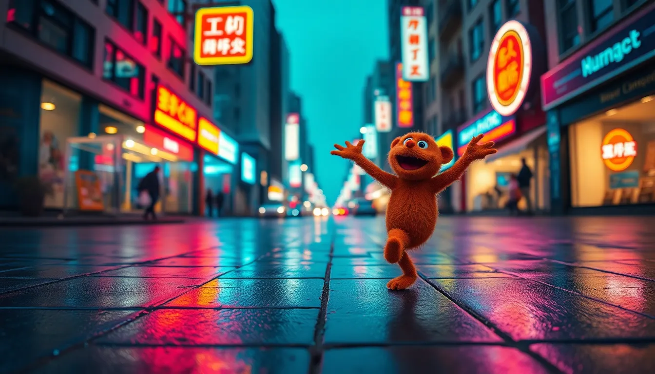 In an urban setting at night, a joyful whimsical creature dances amidst colorful neon reflections on wet pavement. The vibrant blues and magentas from signage create a lively atmosphere, enhanced by a Dutch angle that adds energy to the scene. The depth of field maintains clarity throughout, capturing the creature's festive spirit against a bustling backdrop.