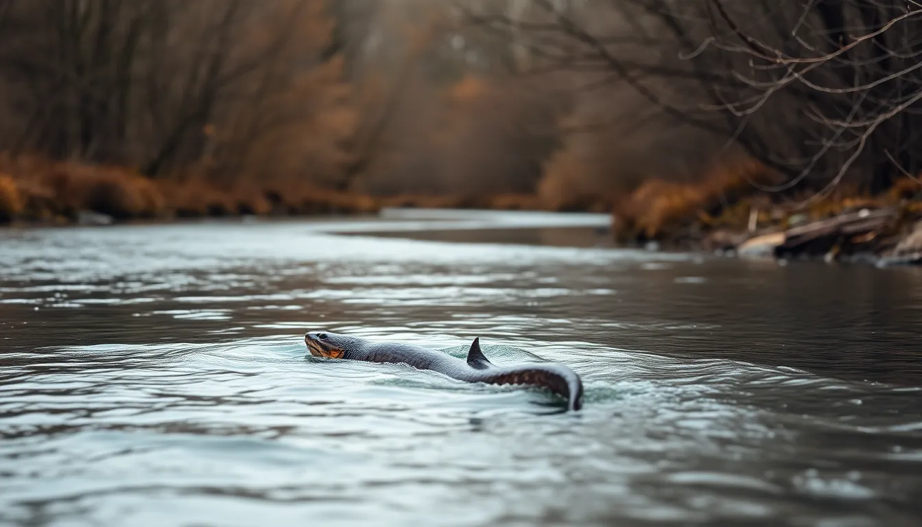 A whimsical aquatic creature floats serenely on the surface of a winding river surrounded by lush foliage. The overcast sky delivers soft, diffused lighting that enhances the peaceful atmosphere. Natural muted tones dominate the scene, creating a calming effect as the eye follows the river's path. This image beautifully captures the tranquility of nature and its enchanting beings.