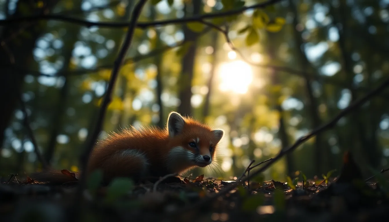 Whimsical Fox-Like Creature in Forest Amidst a lush forest, a whimsical fox-like creature with ethereal, glowing fur is nestled among the foliage, brilliantly highlighted by dappled sunlight filtering through the tree canopy. The natural muted tones of the environment contrast beautifully with the creature’s luminescence, bringing it into focus against the soft bokeh background. Leading lines from the surrounding branches draw the viewer's eye directly to this enchanting subject, capturing the magic of nature and its hidden wonders.
