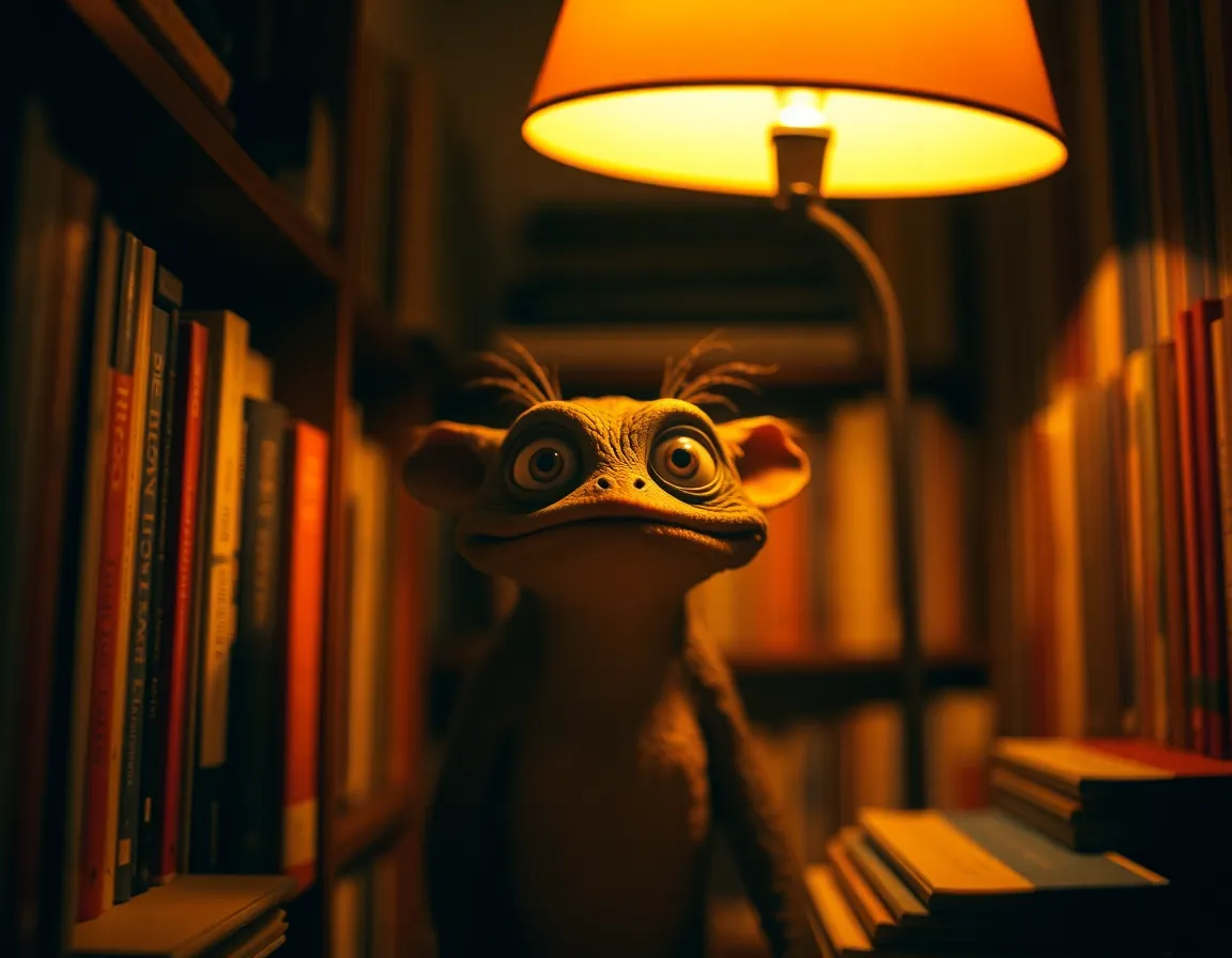 In a cozy reading nook, a whimsical creature peeks out from a stack of colorful books. Warm light from a nearby lamp creates a comfortable atmosphere, illuminating its curious eyes. The selective focus draws attention to its expressive gaze, while the surrounding books become a soft bokeh backdrop. The warm color palette evokes feelings of comfort and intrigue.