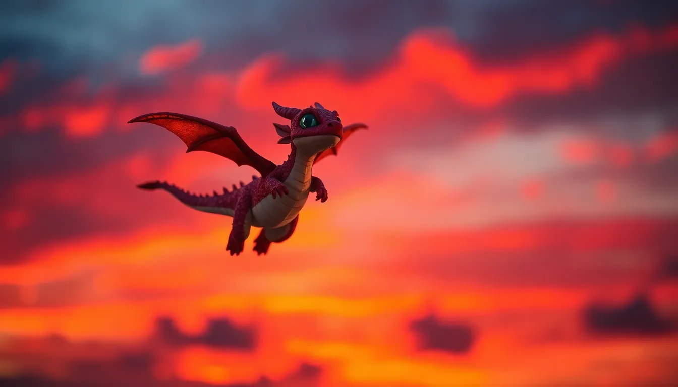 In this stunning image, a whimsical dragon-like creature joyfully soars against a breathtaking sunset sky filled with vibrant oranges and purples. The creature's iridescent scales catch the light, creating a mesmerizing display of colors. With a focus on the dragon and a soft bokeh of clouds behind it, the scene feels alive and dynamic. The composition draws the viewer's eye, enhancing the sense of flight and freedom.