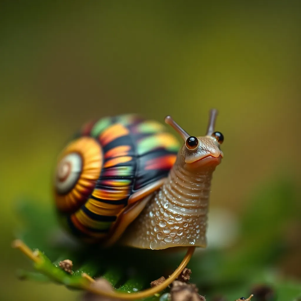 This close-up image presents a whimsical snail creature adorned with colorful patterns on its shell. Captured in soft overcast lighting, the gentle tones create an inviting softness around the scene. The snail's tiny eyes and intricate shell textures are showcased with a dreamy depth of field. The natural muted background helps to emphasize the vibrancy of the snail, creating a captivating and enchanting atmosphere.