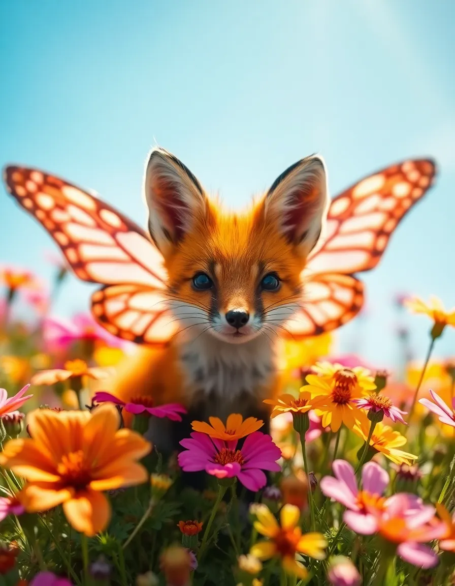 This enchanting close-up image features a whimsical creature, a tiny fox with butterfly wings, nestled among a field of vibrant wildflowers. The bright colors of the flowers and the intricate patterns on the creature's wings create a joyous mood, highlighted by natural diffused daylight. The soft blurred background enhances the focal point, emphasizing the magical connection between the whimsical creature and its lush surroundings. Every detail, from the fur texture to the flower petals, invites viewers into a dreamlike world.