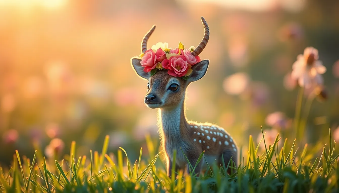 This enchanting scene features a whimsical creature resembling a miniature deer, adorned with colorful floral antlers. Captured during the golden hour, warm light creates a magical ambiance, illuminating the scene with soft pastels. The creature is placed off-center, surrounded by a lush field of wildflowers, creating a dreamy bokeh effect that enhances the fantasy theme. Dewdrops on the grass add an extra layer of detail, inviting viewers into this whimsical world.