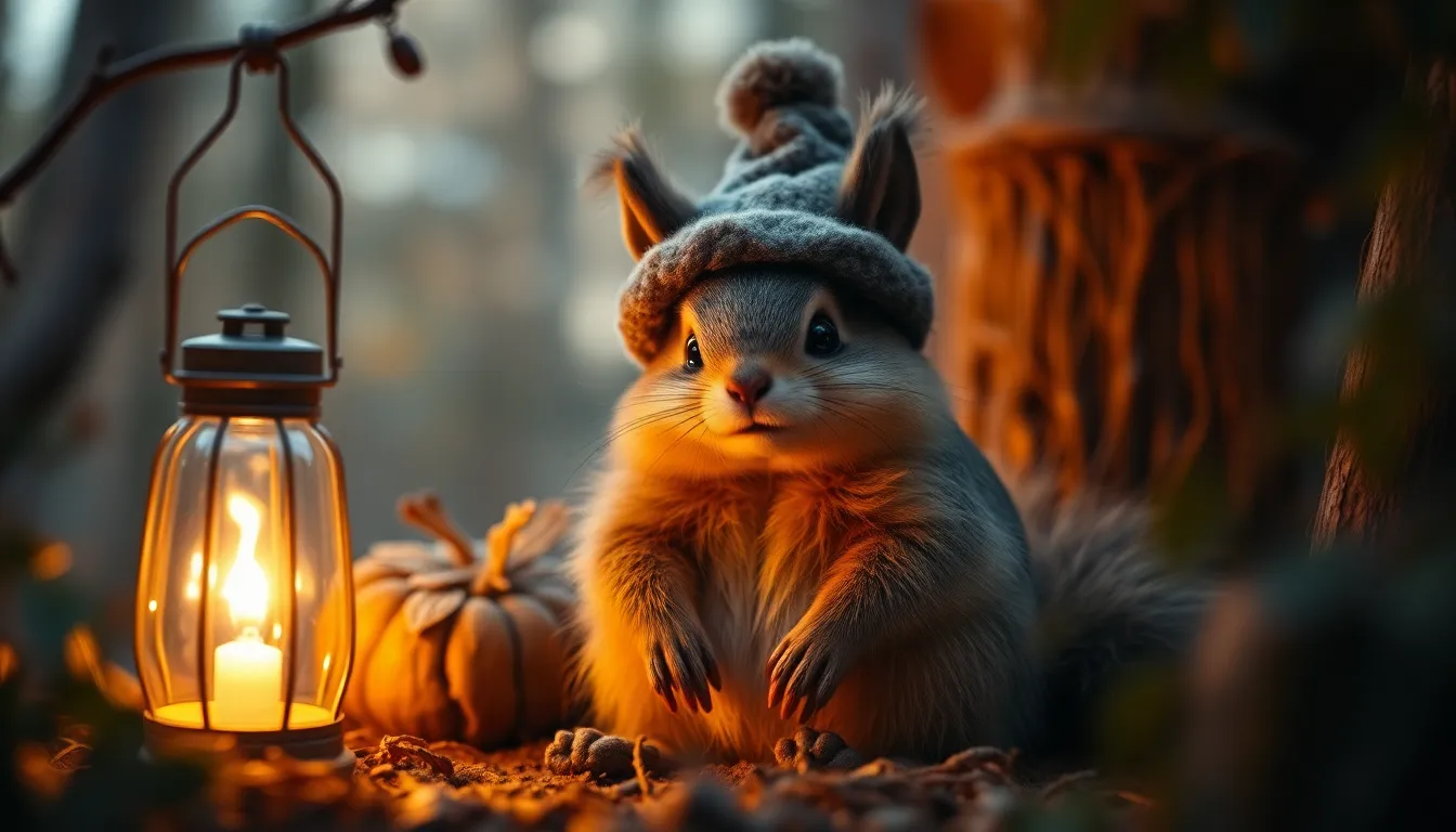 This delightful image captures a whimsical, oversized squirrel wearing a tiny hat, nestled in a cozy woodland setting. The warm tungsten light from a lantern creates an inviting glow, illuminating the scene with soft shadows. With a shallow depth of field, the focus remains on the furry creature, while the surrounding forest melts into a soft blur. The warm earth tones enrich the atmosphere, delivering a comforting, magical feel, perfect for transporting viewers into this charming woodland world.