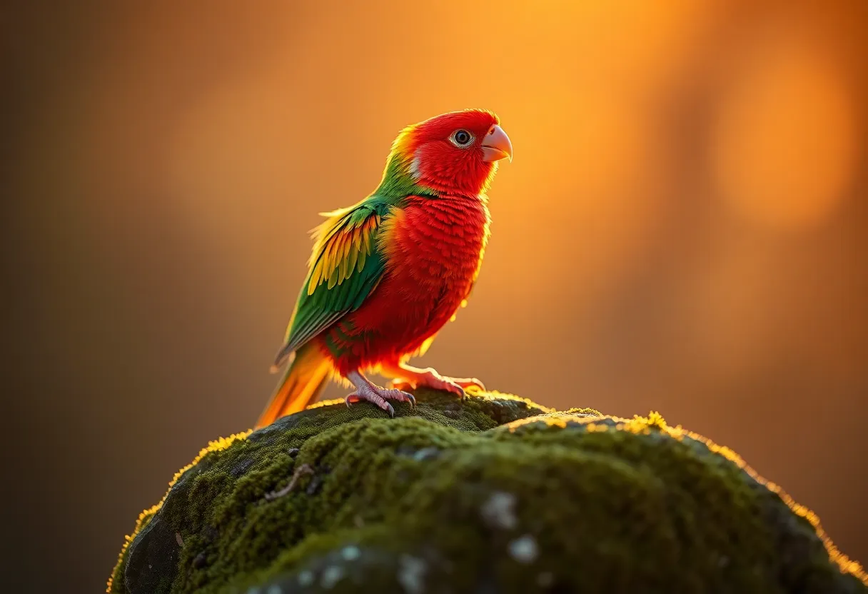 A vibrantly colored whimsical bird sits atop a moss-covered rock during golden hour. The soft, warm backlighting highlights its intricate plumage, which glows against the natural greens of the moss. The centered composition draws the eye immediately to the creature, creating a sense of harmony and magic in the scene. This image evokes a feeling of tranquility and wonder in nature's beauty.