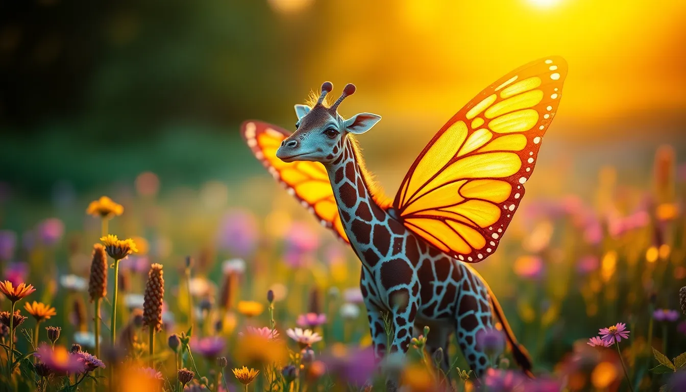 Giraffe-Like Creature in Vibrant Meadow In a stunning meadow bathed in golden hour light, a whimsical giraffe-like creature with magnificent butterfly wings gracefully blends with the colorful flora around it. The vibrant greens and blues are accentuated by the rich saturation, creating a dreamlike atmosphere. The sharp depth of field captures every intricate detail of the creature's textured feathers and the surrounding flowers. This delightful scene invites viewers to explore the magic of a fantasy world filled with charm and beauty.