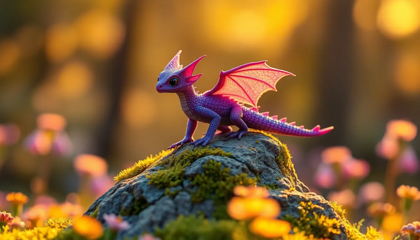 A vivid depiction of a whimsical purple-hued dragon sitting regally on a moss-covered rock, surrounded by an enchanting forest. The golden hour light accentuates the dragon's intricate scales and feathered wings, while soft bokeh blurs the colorful wildflowers in the background. This fantastical scene captures the essence of mythical creatures within a serene natural setting.