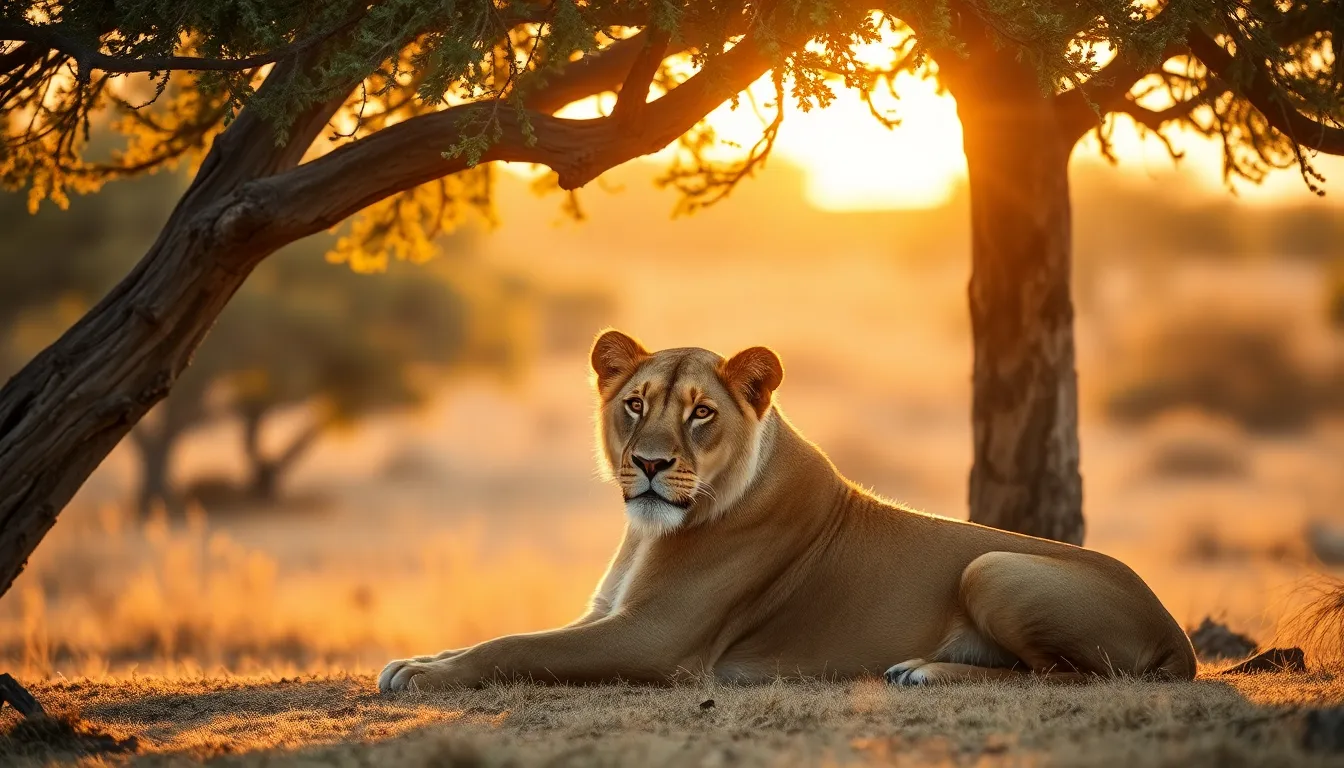Majestic Lion Resting Under Acacia Tree