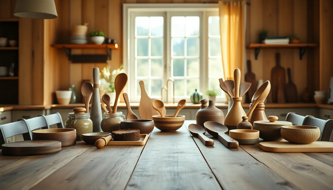 An inviting scene showcasing a variety of rustic wooden kitchen utensils artfully arranged on a textured wooden tabletop. The diffused daylight filtering through large windows creates a warm and welcoming atmosphere. The hyperfocal sharpness captures all the intricate details, from the grain of the wood to the gentle highlights reflecting off the surfaces. This image embodies a blend of warmth and functionality in a cozy kitchen setting.