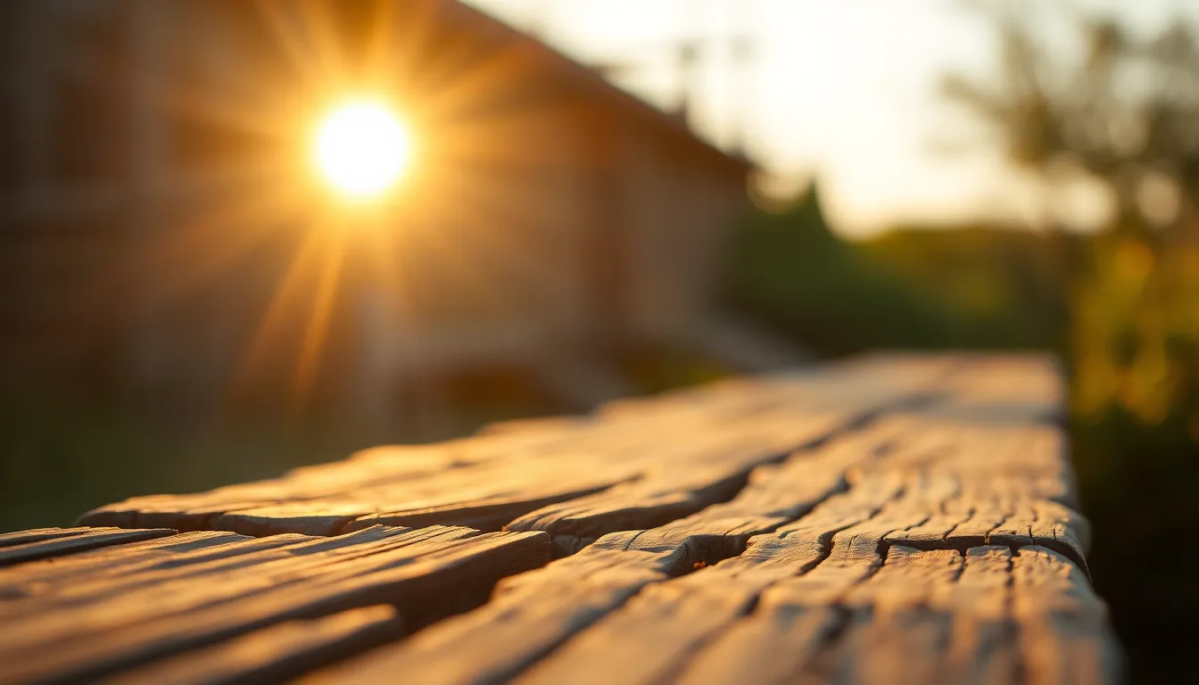 This image features a close-up of a weathered wooden plank captured during golden hour, where warm backlighting creates a glowing rim around the textured wood. The selective focus allows the intricate grain to stand out while the background fades into creamy bokeh. This photograph evokes a sense of warmth and nostalgia, ideal for rustic or vintage-themed projects.