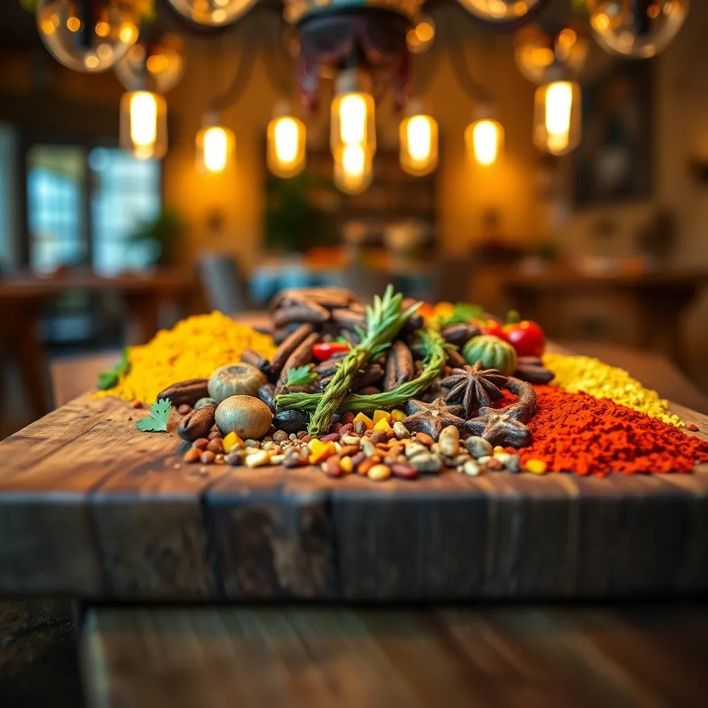 This close-up image showcases a rustic wooden cutting board adorned with an array of vibrant spices. The warm tungsten lighting accentuates the rich browns of the wood while the spices provide lively pops of color, creating an inviting culinary scene. The medium depth of field keeps the board and spices in focus, inviting viewers to appreciate the textures and details. The centered composition enhances the visual impact, making it perfect for food-related themes.