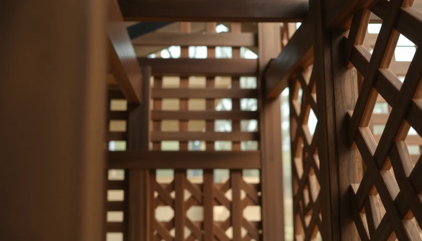 This image captures the intricate beauty of a wooden lattice structure under soft overcast light. The even lighting brings out the fine details and patterns in the wood, revealing its natural character and craftsmanship. With everything in sharp focus, the photograph beautifully conveys the textures and depth of the wood. The muted earth tones create a serene atmosphere, making this image perfect for showcasing architectural woodwork.