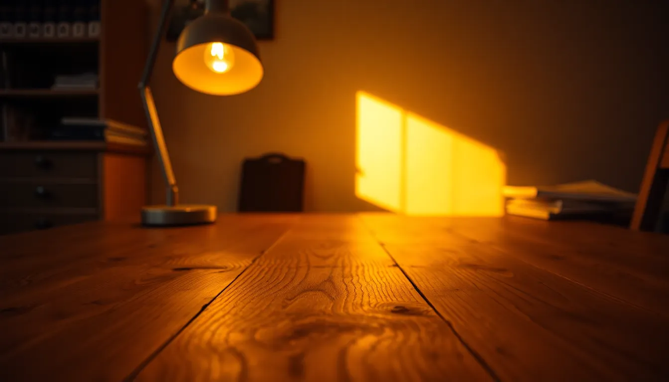Warm Oak Tabletop Texture This image captures the intricate details of a warm oak tabletop, illuminated by a cozy tungsten desk lamp. The soft glow enhances the natural grains and knots of the wood, inviting viewers to appreciate its texture. The shallow depth of field isolates the wood surface, creating a serene and intimate atmosphere. The warm tones evoke a sense of home and craftsmanship, making it perfect for design and interior themes.