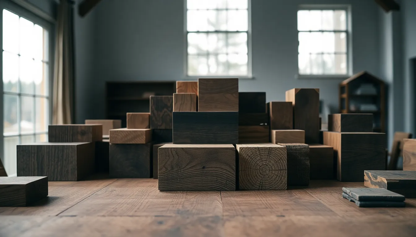 Variety of Textured Wooden Blocks Highlighting the beauty of craftsmanship, this image shows a symmetrical arrangement of various textured wooden blocks on a well-lit table. The overcast daylight creates a soft illumination, allowing the details of each block's grain and finish to stand out. The use of hyperfocal distance keeps all elements in sharp focus, showcasing the unique characteristics of different woods. Ideal for educational and design contexts, this image celebrates the diversity and texture of wood.