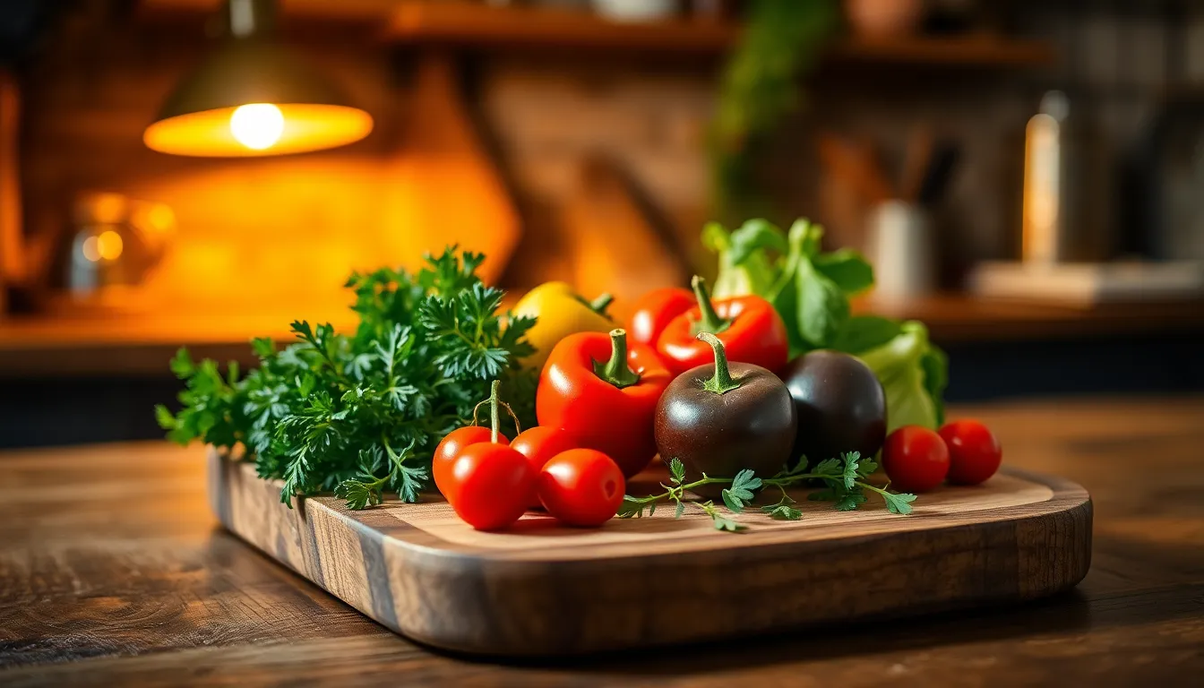 Wooden Chopping Board with Fresh Vegetables