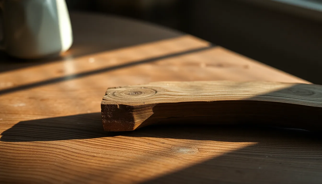 This image showcases a striking piece of reclaimed wood, highlighted by warm tungsten lighting that casts gentle shadows and accentuates its unique grain patterns. The shallow depth of field draws attention to the intricate textures of the wood while the softly blurred background creates a cozy ambiance. This composition follows the rule of thirds, emphasizing the rustic beauty and character inherent in reclaimed materials.