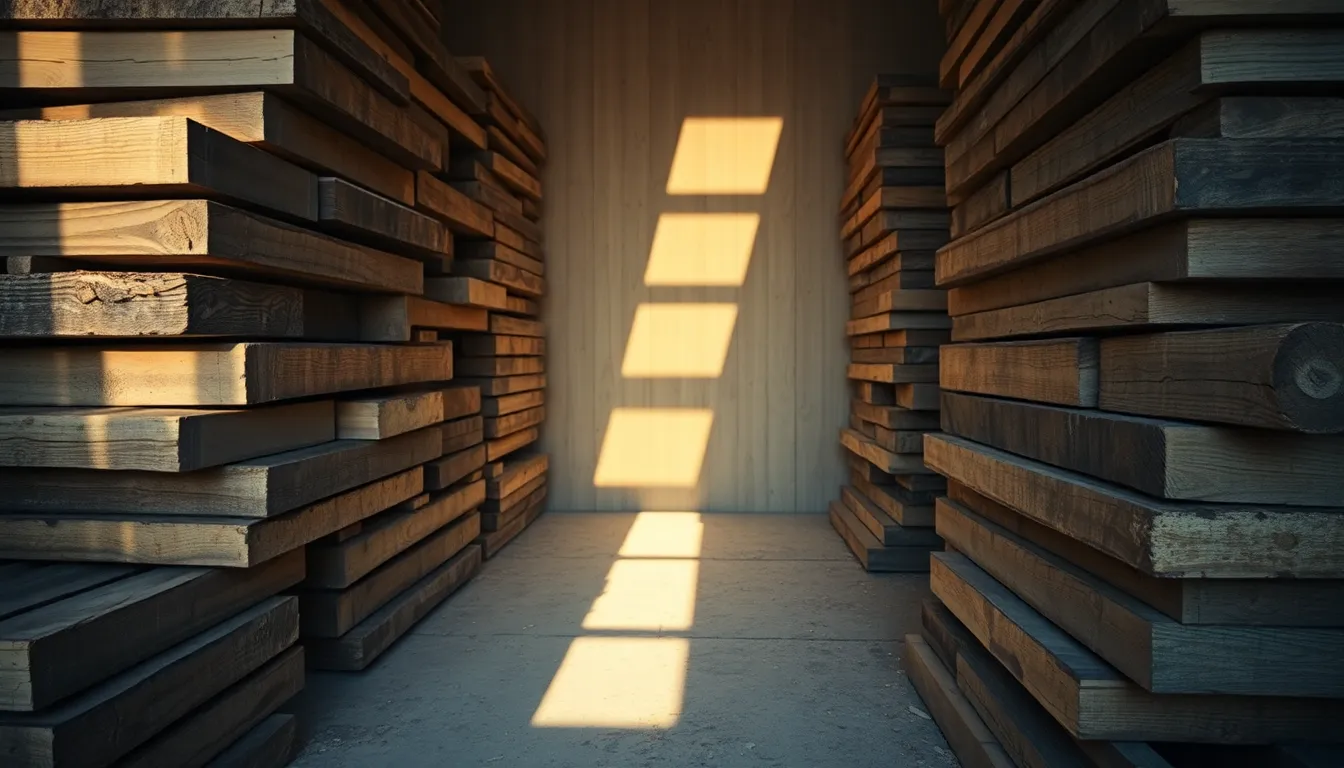 Stack of Reclaimed Barn Wood This captivating image features a stack of reclaimed barn wood, beautifully lit by natural afternoon light that casts soft shadows. The hyperfocal depth of field ensures clarity throughout the frame, highlighting the unique textures and colors of the wood. The earthy and muted tones create a rustic ambiance, making this image ideal for showcasing sustainability and craftsmanship.