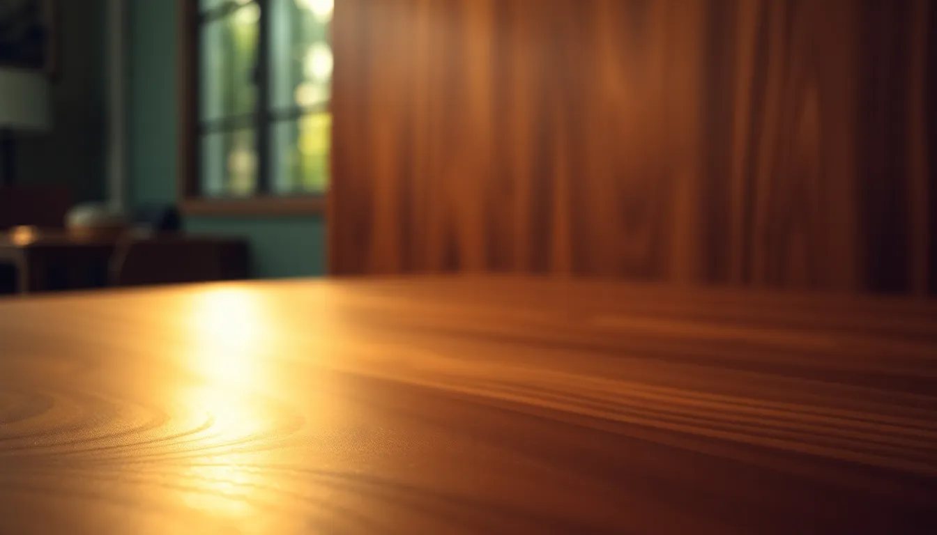 Saturated Walnut Wood Panel Texture This stunning image focuses on a walnut wood panel, showcasing its smooth finish and rich, intricate grain patterns. Illuminated by warm tungsten light, the soft shadows add depth and dimension to the surface. The focus on the panel, with a beautifully blurred background, invites viewers to appreciate the luxurious texture of the wood. The vibrant colors create a warm, inviting atmosphere, ideal for design and interior applications.