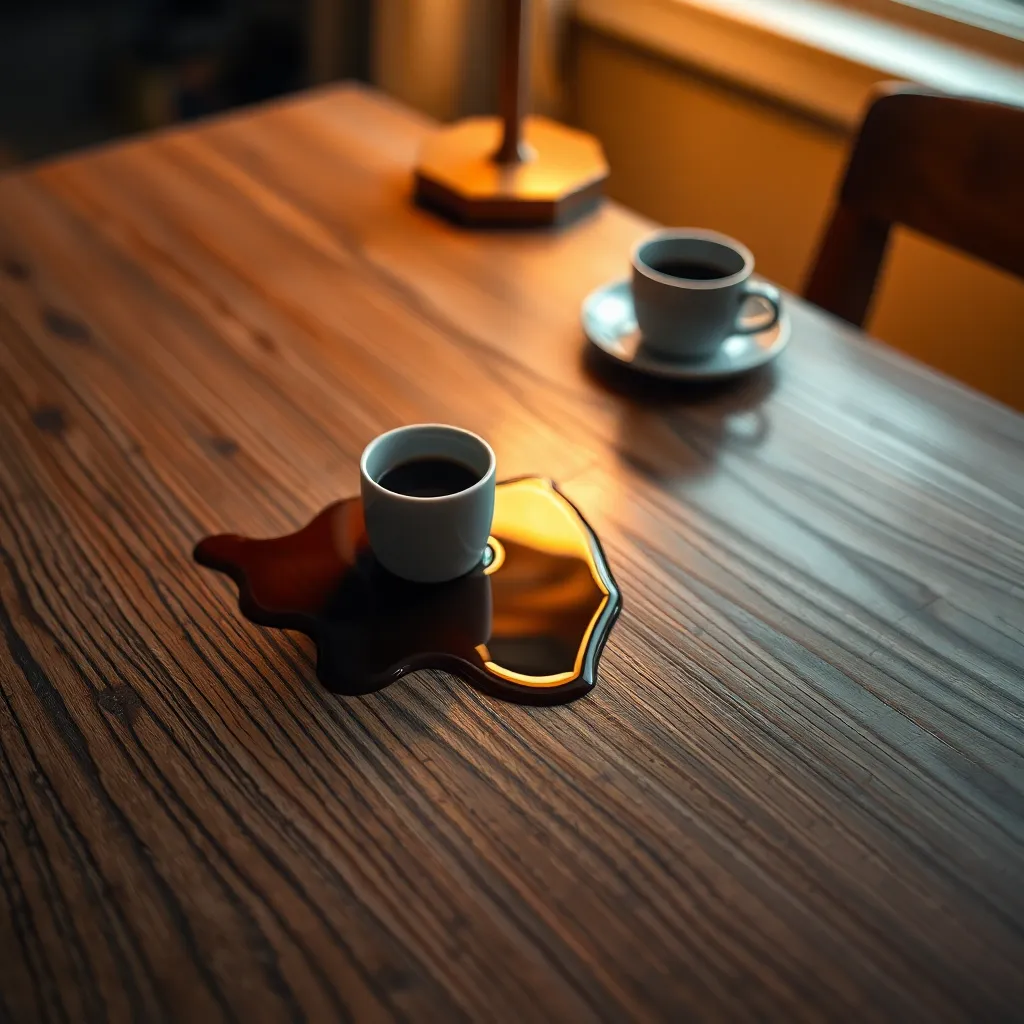 Wooden Table with Spilled Coffee