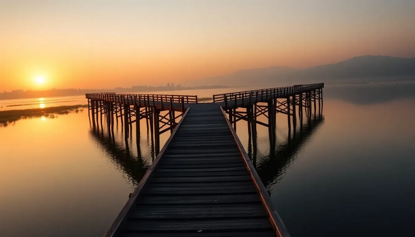 Wooden Bridge Over Serene Lake at Sunrise A breathtaking photograph of a sprawling wooden bridge stretching across a tranquil lake at sunrise. The soft, warm morning light reflects beautifully on the water’s surface, creating a harmonious and peaceful atmosphere. With meticulous detail captured in the wooden planks, this image beautifully portrays the connection between man-made structures and natural landscapes.