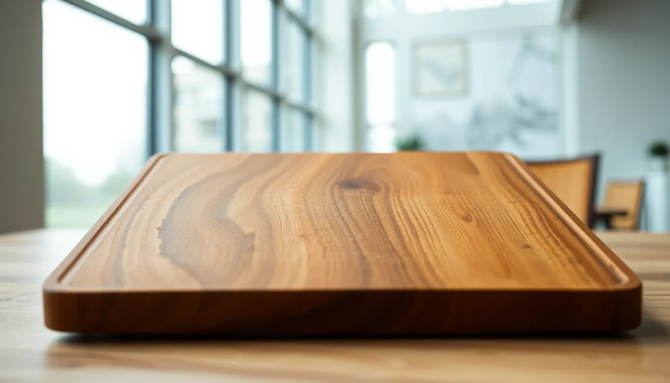 Handcrafted Wooden Cutting Board Texture This image captures a beautifully handcrafted wooden cutting board, highlighting its rich textures and natural imperfections. Soft, diffused daylight filters through large windows, providing gentle illumination that enhances the earthy tones. The centered composition draws attention to the intricate wood grains, creating an intimate and inviting atmosphere. Ideal for culinary and lifestyle themes, this image showcases the beauty of craftsmanship.