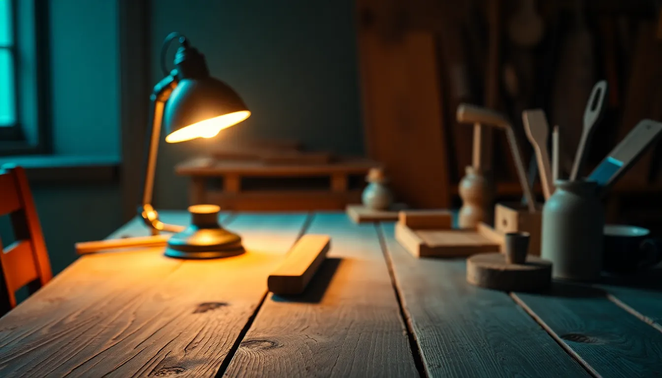 Rustic Wooden Table with Artisan Tools This intimate scene portrays a rustic wooden table illuminated by the warm glow of a tungsten desk lamp. The warm light contrasts with the cinematic teal and orange color grading, enhancing the visual appeal of the collection of artisan wooden tools and rustic items. The shallow depth of field adds a sense of focus on the objects while creating a cozy atmosphere in the workspace.
