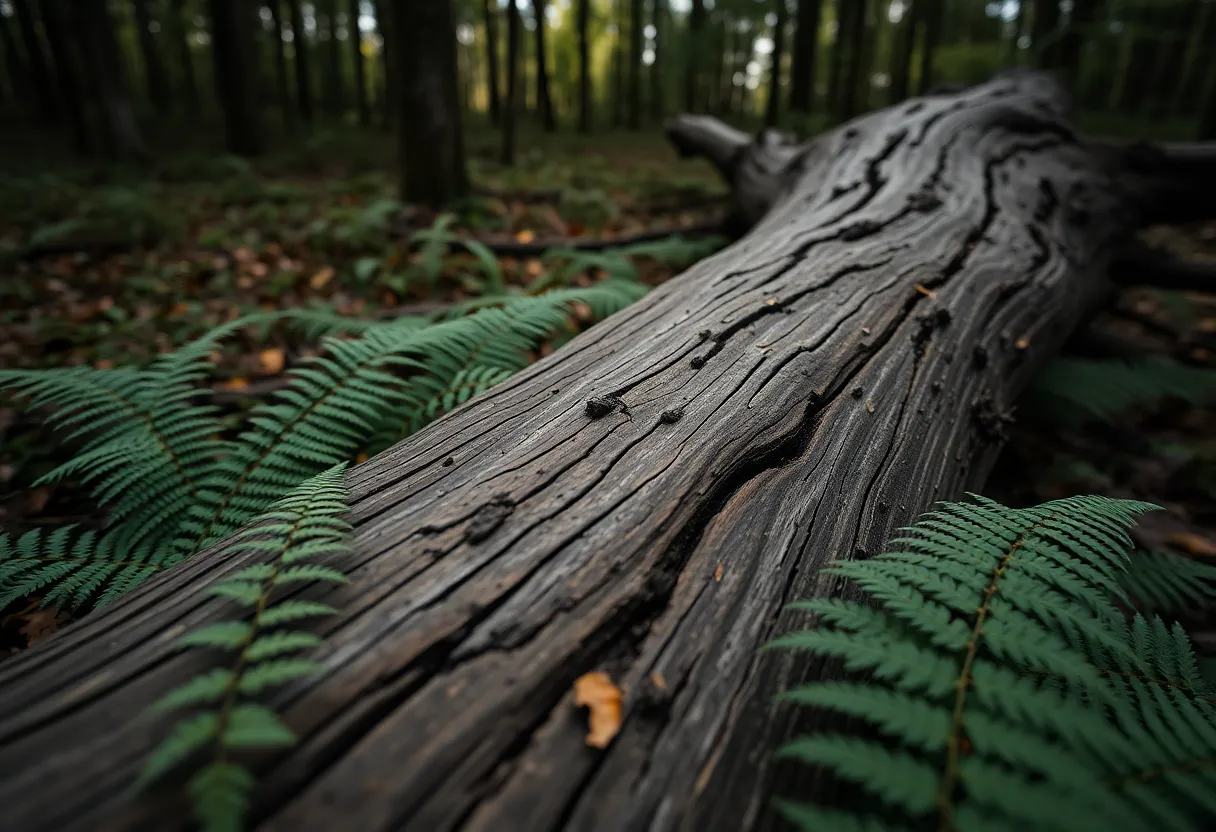 This stunning image captures the intricate wood grain patterns on a fallen tree trunk, surrounded by delicate, lush ferns. The natural morning light enhances the subtle textures and shadows, creating a peaceful forest scene. With a hyperfocal depth of field, every detail from the foreground to the background remains sharp, inviting viewers to explore the beauty of nature. The leading lines of the trunk guide the eye, emphasizing the harmony between wood and foliage.
