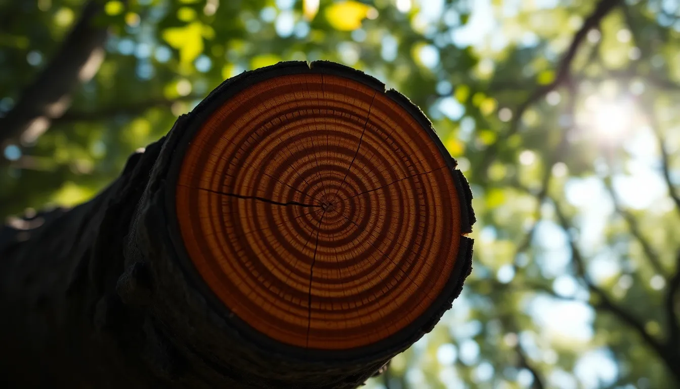 This image captures a beautifully sliced log, showcasing the intricate inner rings that tell the story of its age. Dappled sunlight filters through the surrounding leaves, enhancing the vibrancy of the wood's rich browns and greens. The macro focus on the log creates a stunning detail that highlights the unique texture of the wood's surface. With a soft, blurred background, the viewer is invited to appreciate the organic patterns and textures of nature.