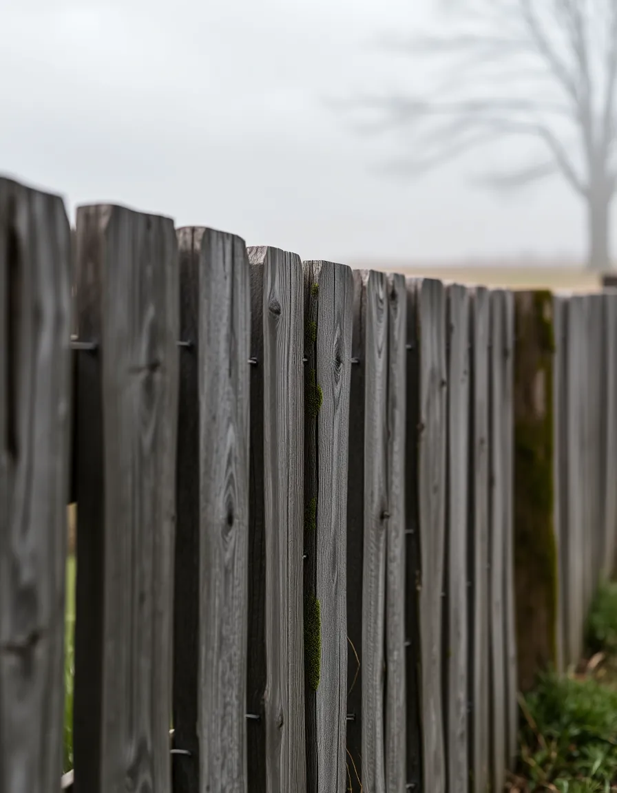 This captivating image presents a weathered wooden fence set against a misty field, illuminated by soft overcast daylight. The image highlights the textured gray tones of the wood, adorned with patches of moss that enhance its rustic charm. The shallow depth of field brings focus to the fence, creating a dreamy atmosphere that entices viewers. The composition adheres to the rule of thirds, guiding the eye through the scene and inviting exploration of the serene landscape beyond.