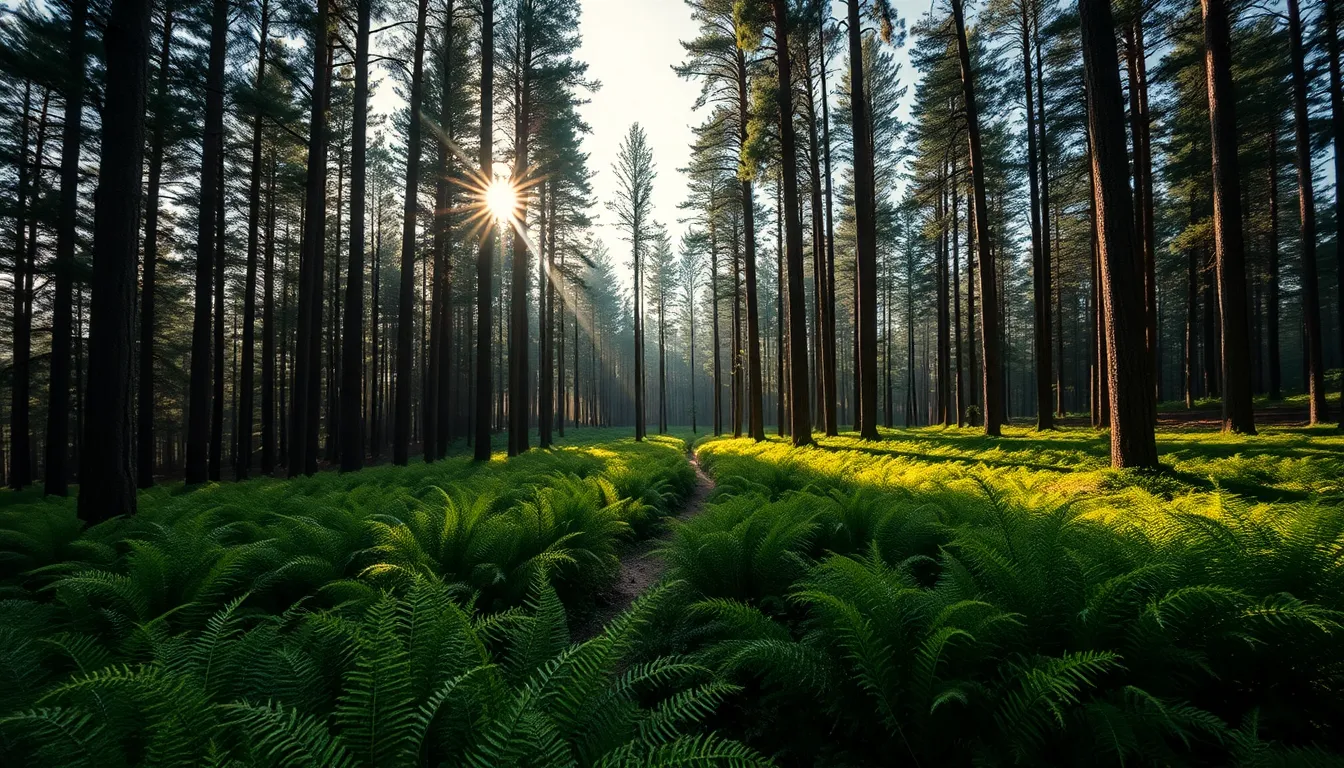 Lush Pine Forest in Early Morning Light