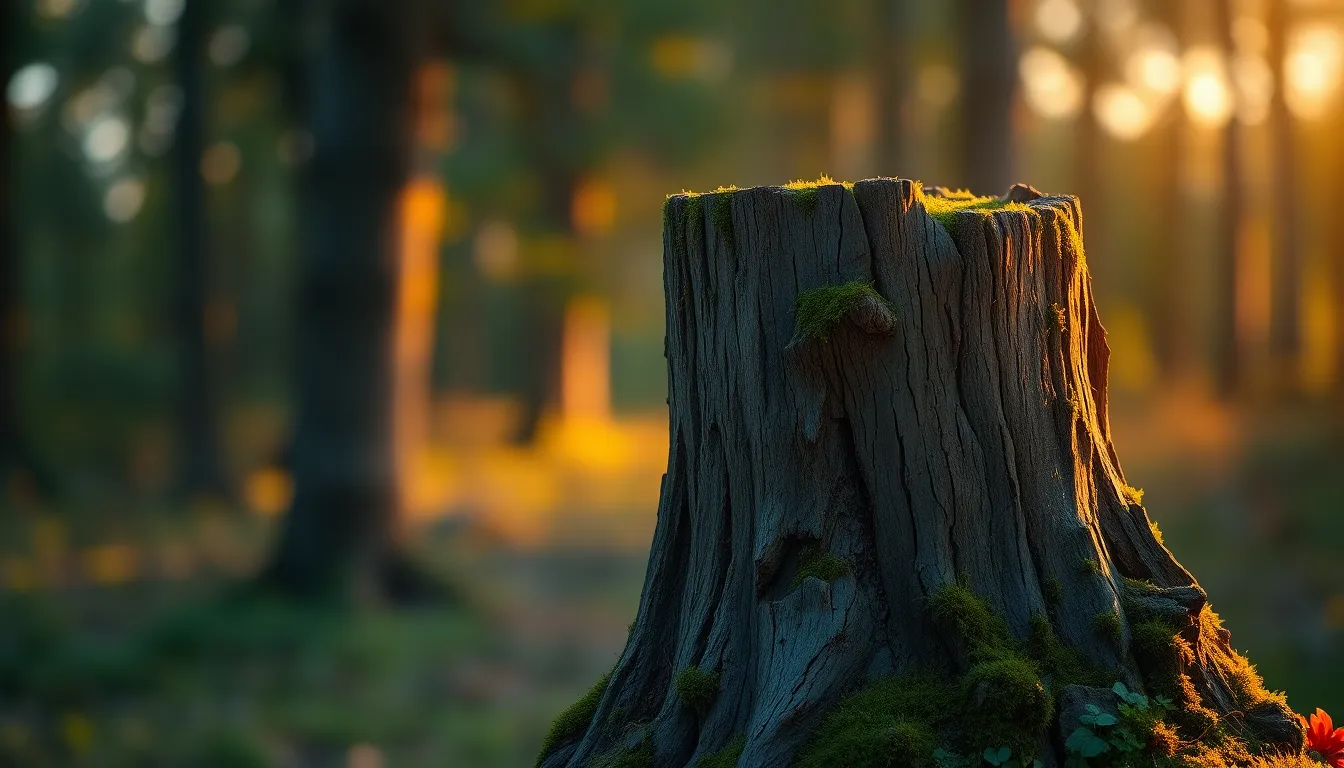 This image captures a weathered oak tree stump bathed in warm golden hour light. The intricate textures of the bark and vibrant green moss are showcased with a soft blurred forest background, creating an enchanting atmosphere. The composition follows the rule of thirds, making the subject stand out against desaturated earthy tones. The gentle natural light enhances the mood of tranquility and connection to nature.