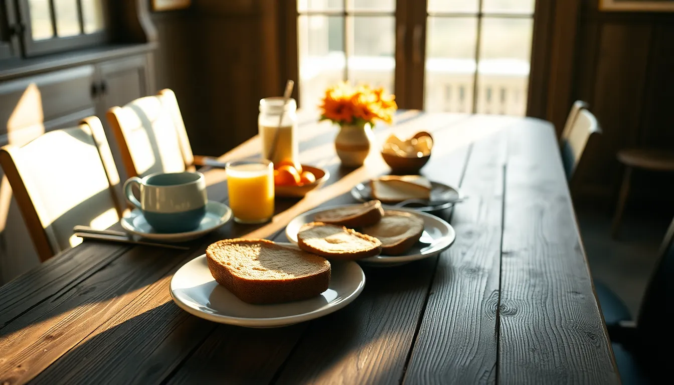 Rustic Wooden Breakfast Table This inviting scene features a rustic wooden table basking in the gentle light of early morning. The weathered grain is prominently displayed, with every detail sharp and clear thanks to hyperfocal focus. A delightful arrangement of breakfast items contrasts beautifully against the warm tones of the wood, creating an atmosphere of comfort and simplicity. The composition adheres to the rule of thirds, enhancing visual interest and inviting the viewer to linger.