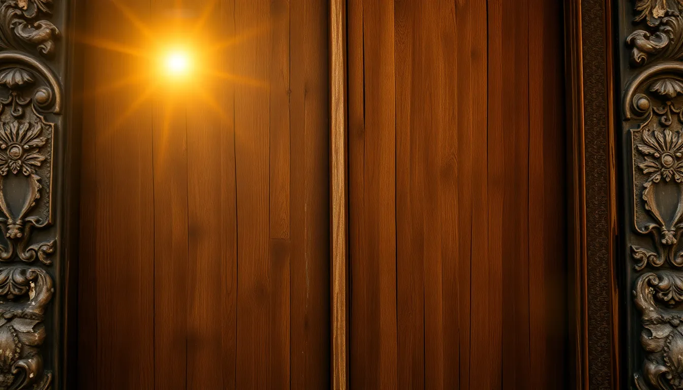 Aged Wooden Door with Intricate Carvings This captivating image features an aged wooden door, richly detailed with beautiful carvings and layers of peeling paint. Illuminated by golden hour backlighting, the warm tones create a welcoming ambiance. The close-up reveal of the wood's texture invites viewers to appreciate its history and craftsmanship, making it a perfect choice for architectural or rustic-themed visuals.