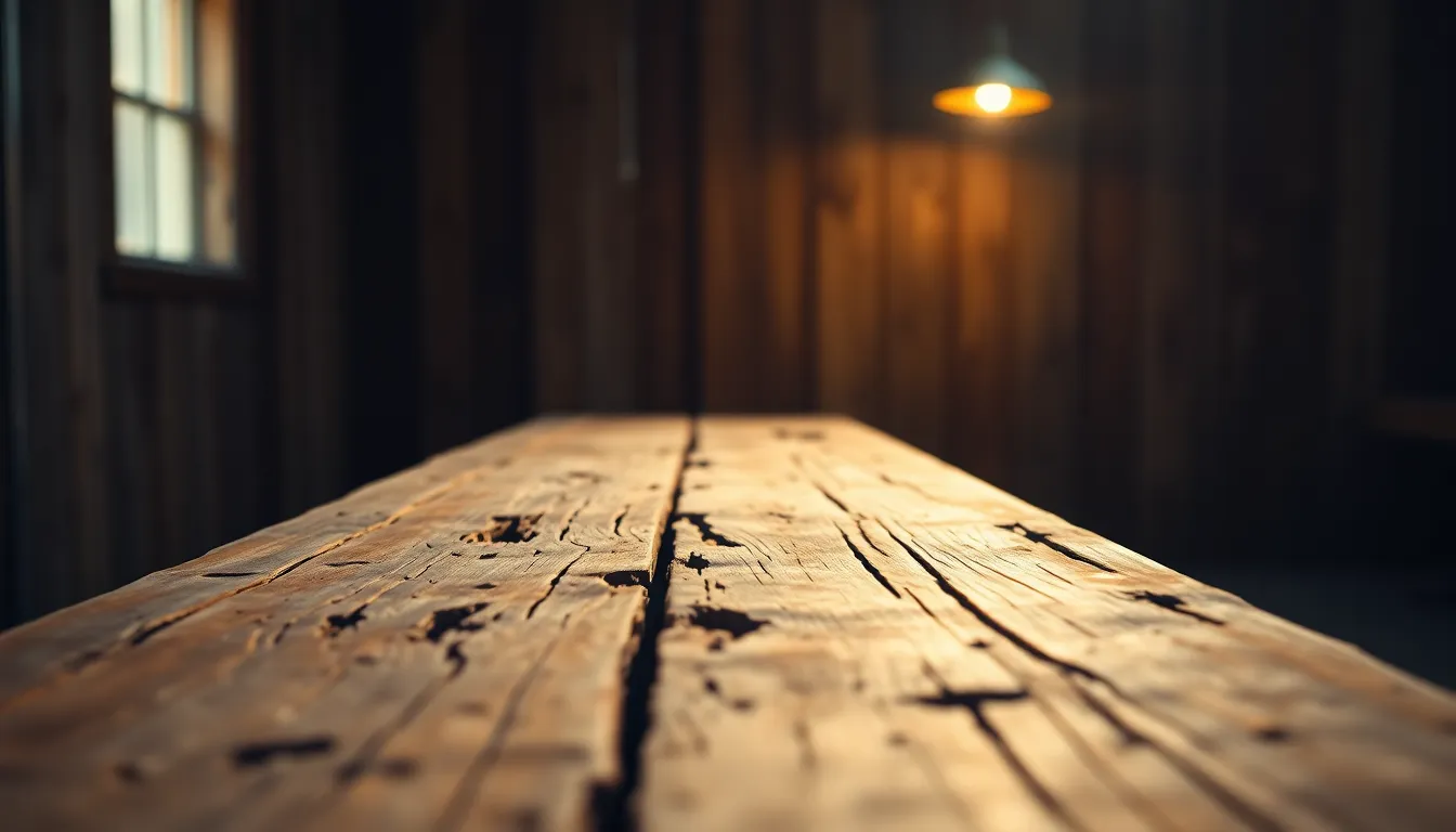 This image captures the rugged beauty of a distressed barn wooden surface under warm tungsten lighting. The rough texture and peeling paint exhibit the wood's age and character, creating a nostalgic atmosphere. With a shallow depth of field, the focus is sharply on the detailed grain, while the background melts away into soft bokeh. The use of a Dutch angle adds interest, inviting viewers to explore the intricacies of rustic materials.