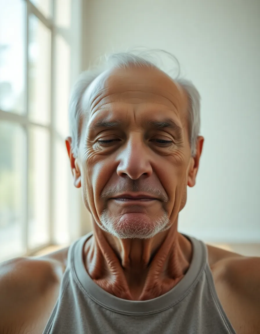 In this intimate close-up, an elderly man exudes tranquility as he meditates in a sunlit room. The gentle warmth of natural light enhances his serene expression, capturing a moment of reflection and mindfulness. The rich textures of his skin and clothing tell a story of wisdom and experience, while the soft bokeh in the background reinforces the focus on his peaceful demeanor. The calming atmosphere invites viewers to share in this moment of solitude and connection with self.