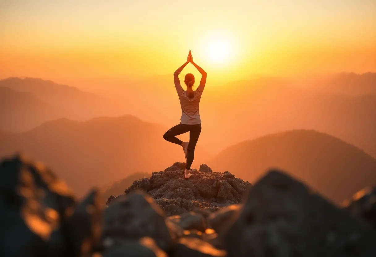 A tranquil woman holds a yoga pose atop a majestic mountain peak as the sun rises. The golden light bathes the rugged landscape, creating a breathtaking backdrop for her serene practice. The soft depth of field highlights the subject against a beautifully blurred mountain range, inviting viewers into this peaceful moment. The composition, framed by the rocks in the foreground, elevates the sense of elevation and tranquility in this idyllic setting.