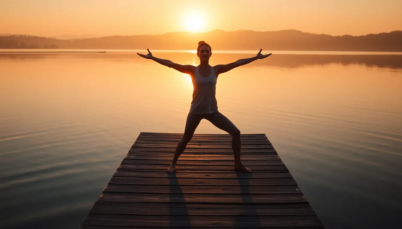 Awash in the gentle glow of dawn, this image features a dedicated yogi practicing a warrior pose on a tranquil wooden dock overlooking a serene lake. The early morning light reflects beautifully on the water, creating a sense of peace and harmony. Pastel colors envelop the scene, enhancing the tranquil atmosphere as nature awakens. The weathered texture of the dock complements the calm setting, inviting viewers to contemplate the balance of wellness and nature.