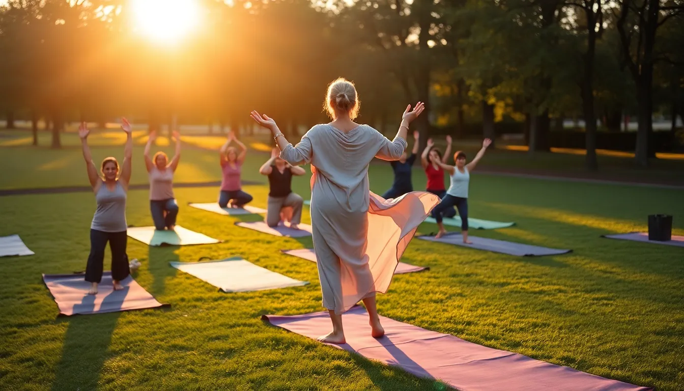 This vibrant scene captures a yoga instructor leading an outdoor class at sunset, with warm, golden light bathing the participants. The dynamic composition showcases the instructor’s movements, inviting viewers to feel the energy and connection of the group. The lush grass beneath them adds a refreshing texture, while the sunset’s glow creates a serene environment perfect for mindfulness and practice.