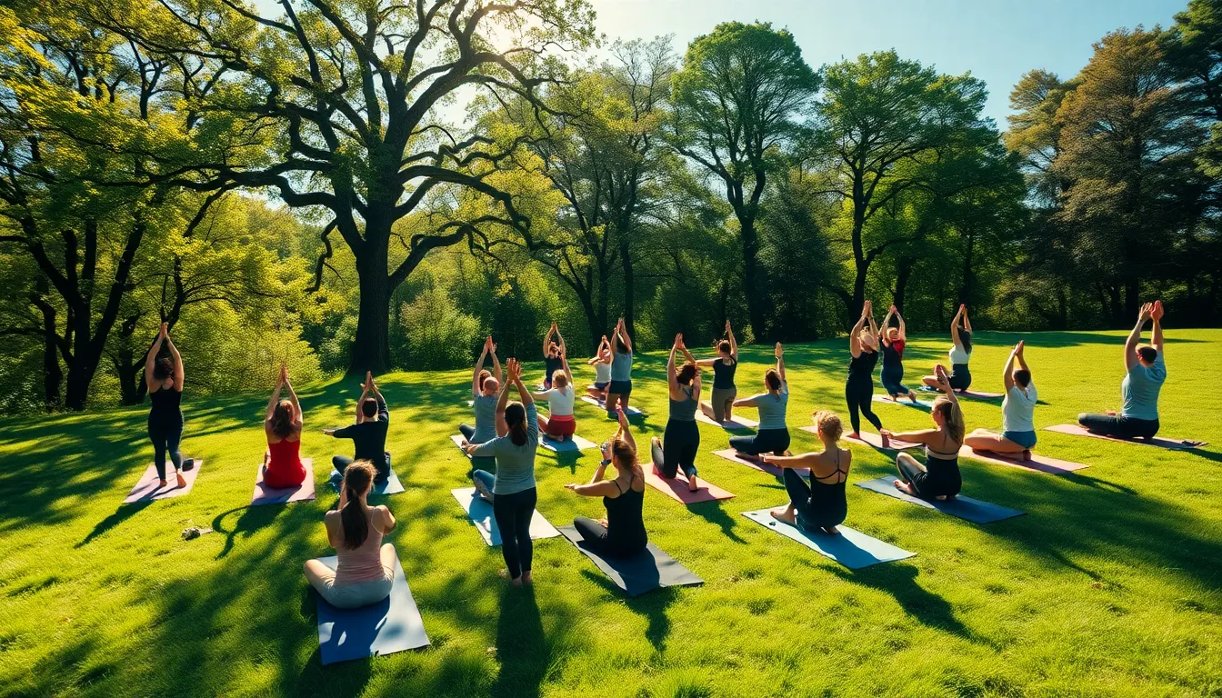 This dynamic aerial shot depicts a vibrant group of individuals practicing yoga on a lush hillside beneath a clear blue sky. The sunlight dances through the trees, casting enchanting patterns across the grassy terrain, encouraging a sense of community and connection. Varied poses among participants emphasize diversity and inclusivity in yoga practice, while the refreshed greenery adds to the uplifting mood. The aerial perspective captures a beautiful blend of nature and shared wellness.