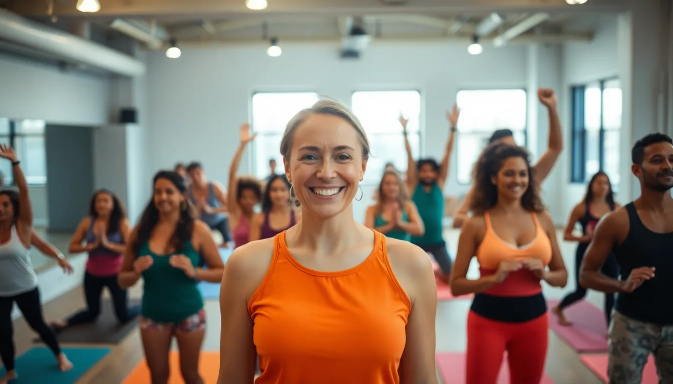 This lively image showcases a diverse group in an urban yoga studio, with a vibrant instructor leading the class. The energy and enthusiasm are palpable as students engage in their practice, surrounded by bright studio lights that enhance the lively atmosphere. The colorful yoga mats and attire add to the overall vibrancy, inviting viewers into this dynamic environment. The textures of the studio and the connection between participants create a sense of community and shared experience.